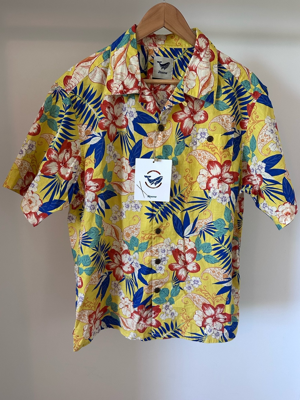 NWT Yiume Men’s yellow tropical‎ print Hawaiian button-down shirt Small